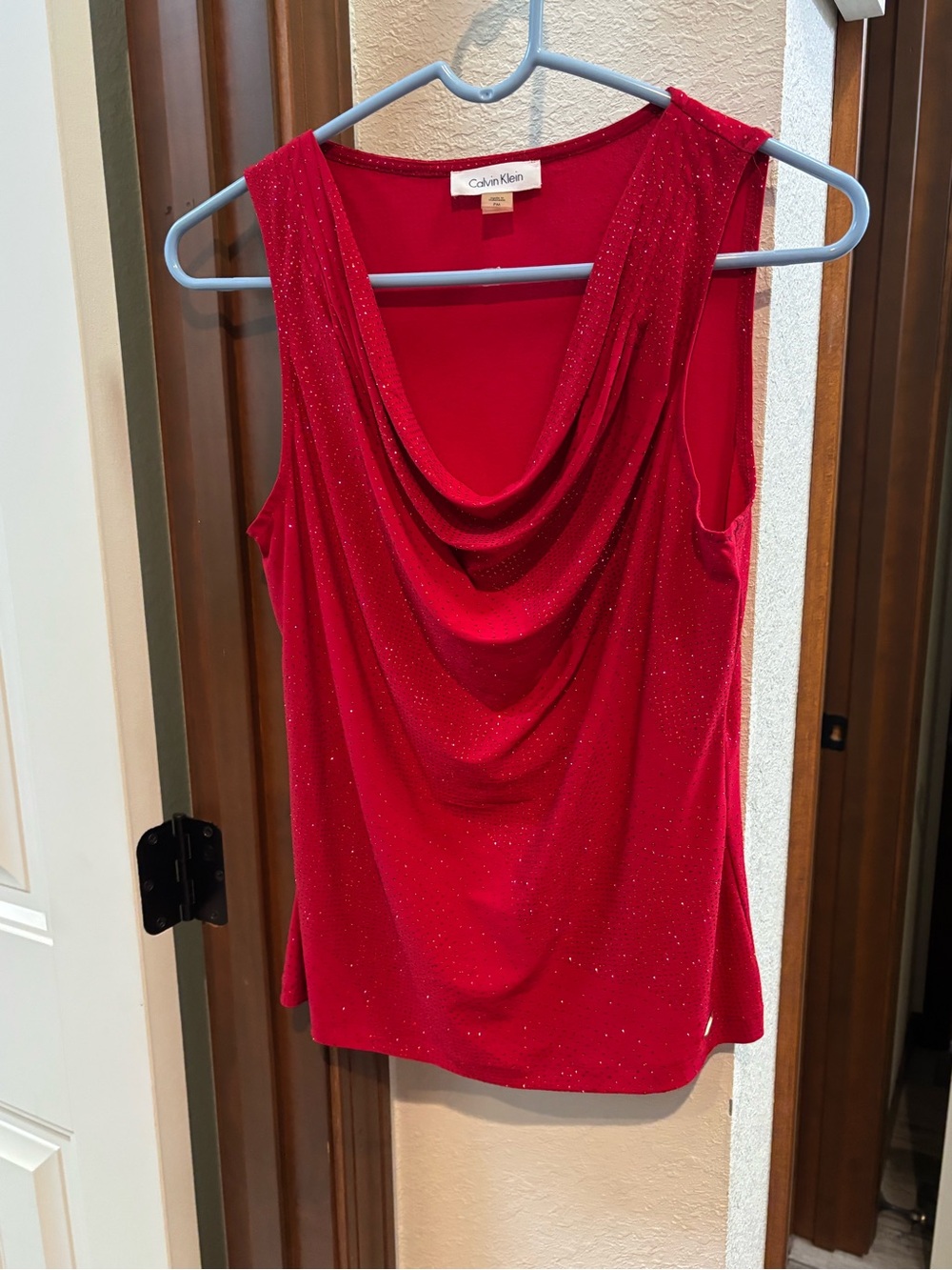 Calvin Klein Red Sparkle Draped Cowl Neck Tank
